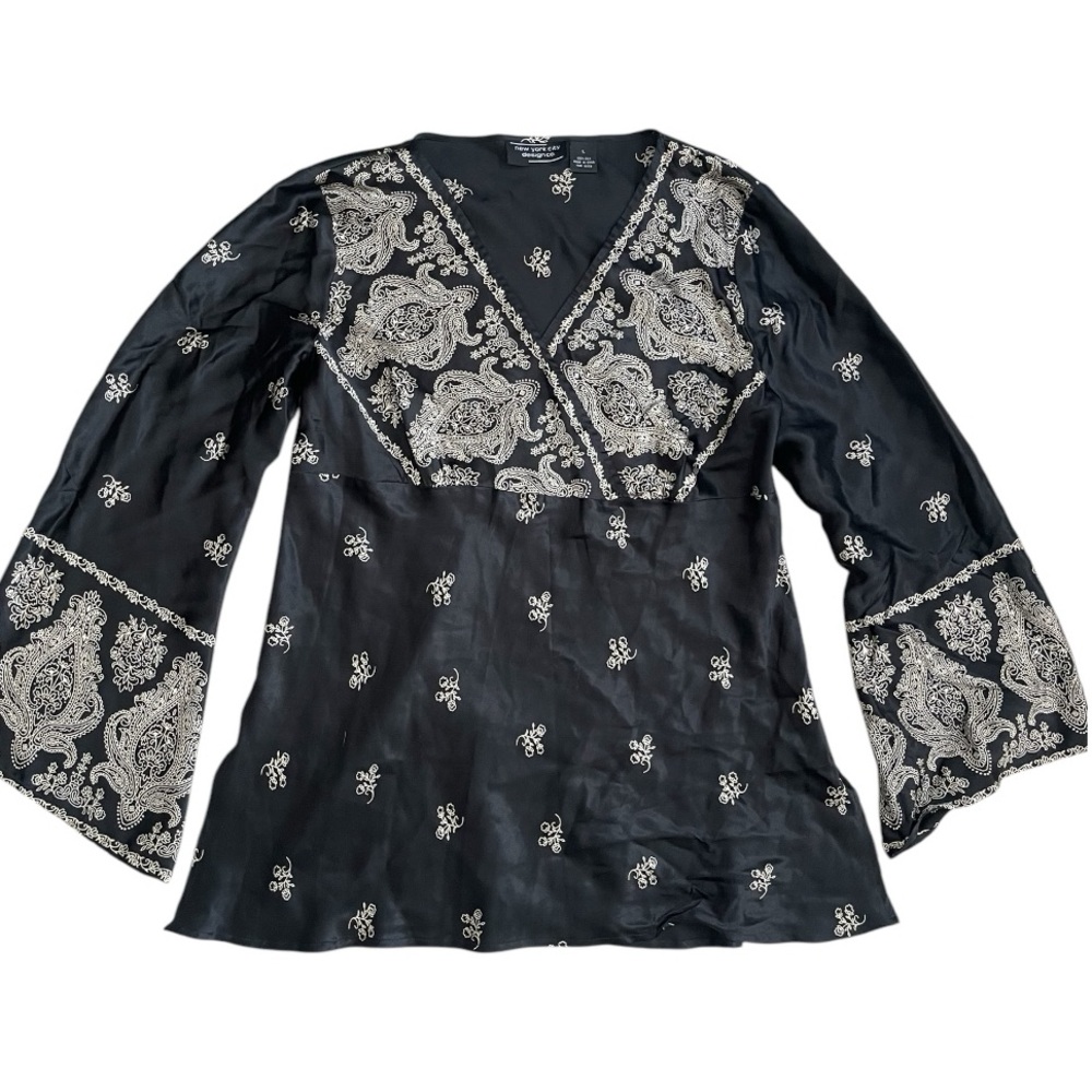 100% Silk Elegant Black Artsy Printed VNeck Tunic Top